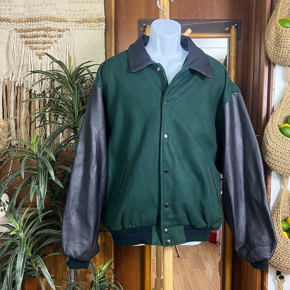 Vintage Varsity Jacket Mens L Green Wool Leather Sleeve Bomber 90s USA Snap Coat